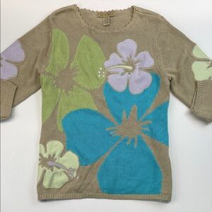 So Forth Floral Knit Sweater Medium Artsy Appliqué Cotton Blend Womens